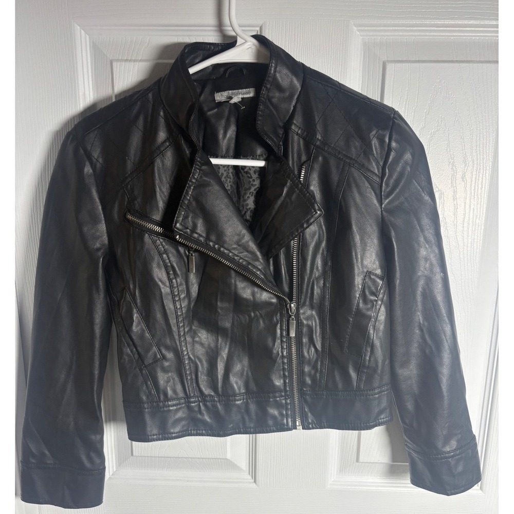 Charlotte Russe Womens Black Faux Leather Moto Jacket XS Quilted Collar Zip Up